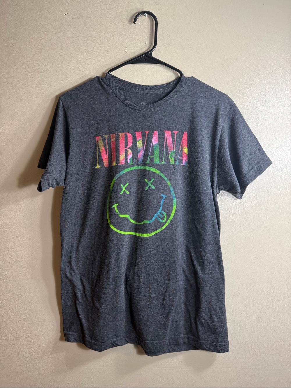 Nirvana Smiley Face Graphic Band Tee Gray Size Tag Faded